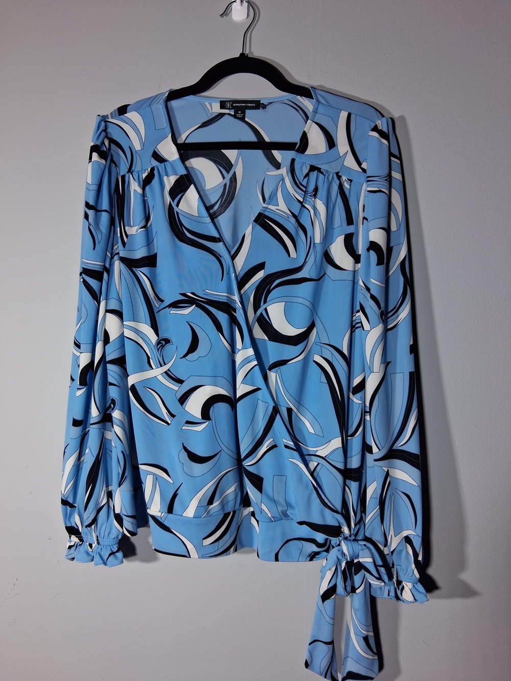 Blue Abstract Print Long-Sleeve Blouse with Side Tie- 1X